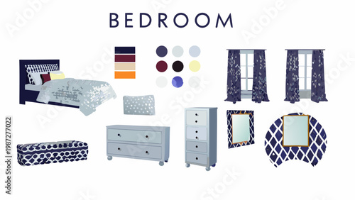 Bedroom interior design concept with a navy and gray color scheme