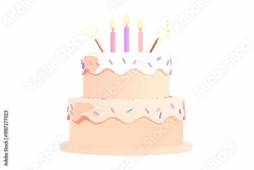 A colorful two tiered birthday cake with lit candles and sprinkles