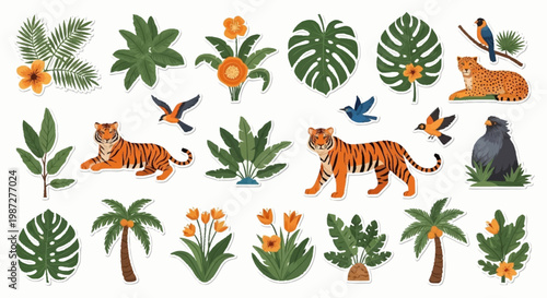 Tropical jungle elements with tiger and bird