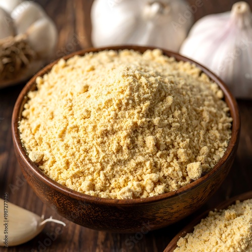 A close-up shot showcases a wooden bowl filled with yellow powder, surrounded by whole bulbs of a pungent allium. The setup sits on a wood surface