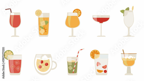 Collection of colorful cocktail and beverage illustrations in glass containers