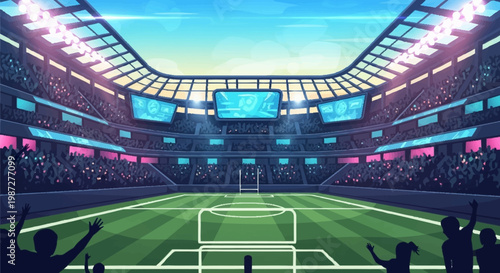 Soccer stadium with cheering crowd and green field