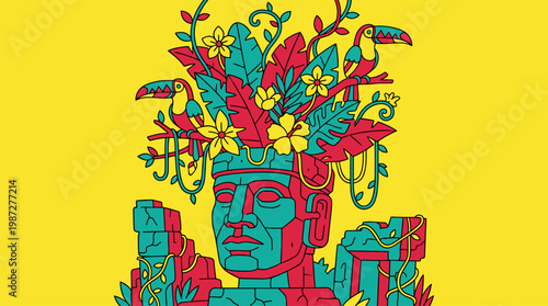Ancient Stone Head Tropical Jungle Pop Surrealism Flat Illustration With Bold Outlines