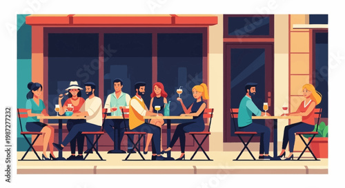 Group of friends sitting at outdoor cafe tables