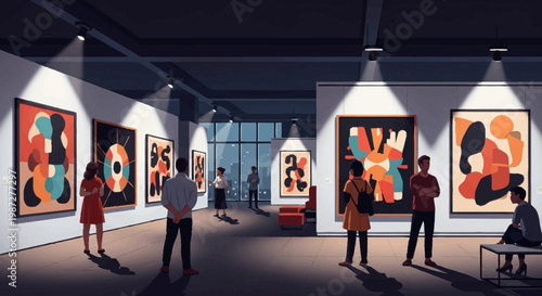 People viewing abstract art paintings in a gallery