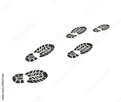 Footprints trail with shoe sole marks in different sizes, diagonal path composition. Crime clue, detective and mafia board game design for cards, tokens and print, vector illustration.