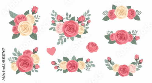 Bouquets of pink and white roses with green leaves and heart