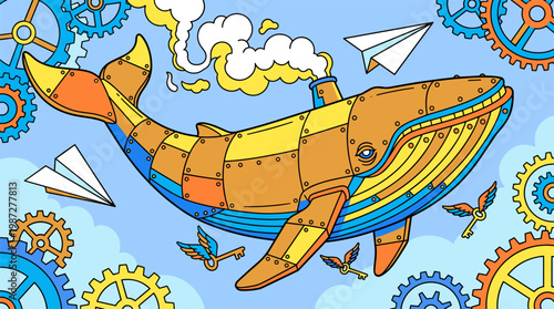 Mechanical Whale Flying Through Clockwork Sky Pop Surrealism Flat Illustration With Bold Outlines