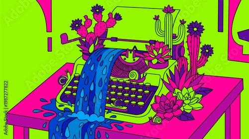 Vintage Typewriter Sprouting Succulent Flowers Pop Surrealism Flat Illustration With Bold Outlines
