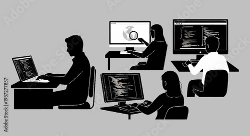 Silhouetted Developers Working on Computers in a Collaborative Environment.
