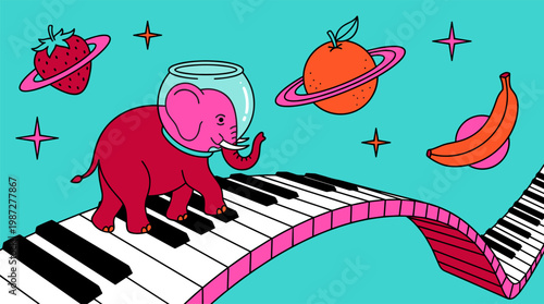 Elephant in Fishbowl Helmet on Piano Key Bridge Pop Surrealism Flat Illustration with Bold Outlines