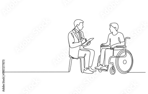 Doctor consulting with patient in a wheelchair line art illustration disability access chronic illness elderly care home care medical examination doctor visit wheelchair user disabled person