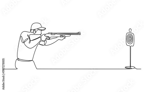 Man aiming a shotgun at a target in continuous line drawing with line art single shooting competition illustration recreation outdoors practice activity marksmanship precision sporting