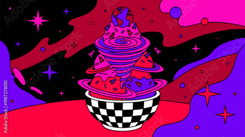 Cosmic Ice Cream Sundae With Planet Scoops And Rocket Sprinkles Pop Surrealism Flat Illustration with Bold Outlines Graphic