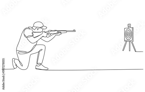 Kneeling man aiming a shotgun at a target in continuous line drawing with line art single kneeling shooting competition illustration recreation outdoors practice marksmanship precision
