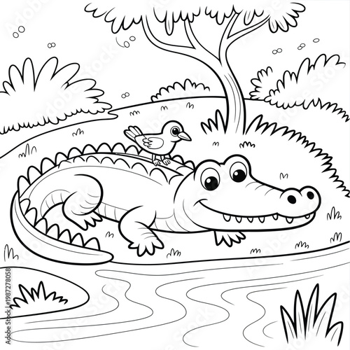 Bild auf Leinwand Alligator coloring page, friendly crocodile with bird on back riverbank nature s