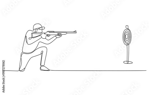 Man kneeling aiming a shotgun at a target in continuous line drawing with line art single kneeling shooting competition illustration recreation outdoors practice marksmanship precision