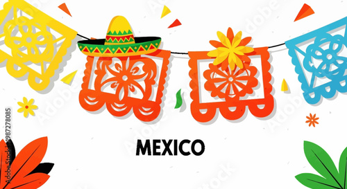 Mexican papel picado banner with sombrero and flowers