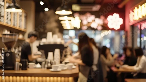 A blurred interior view of a bustling coffee shop with baristas preparing drinks and customers relaxing at tables.