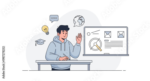 Student learning at desk with educational icons and whiteboard presentation