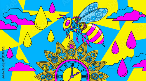 Mechanical Bumblebee and Clockwork Sunflower Pop Surrealism Flat Illustration with Bold Outlines