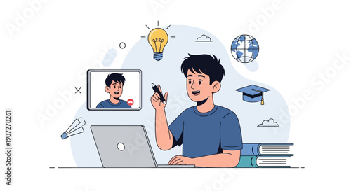 Student learning online with laptop, video call, and educational symbols