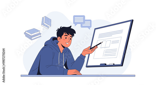 Student learning online, pointing at screen with books and chat bubbles