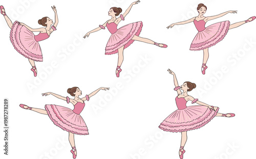 Ballet Dancer Set in Pink Tutu Performing Graceful Classical Dance Poses for Performance, Practice, Theater, Artistic Expression, and Elegant Movement Illustration