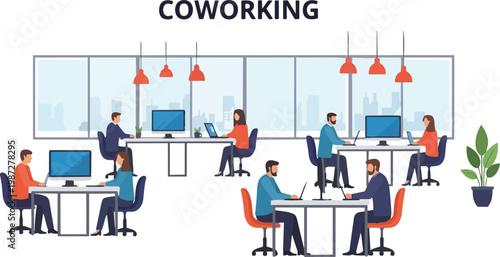 Modern Coworking Space Concept Illustration with Diverse People Working on Laptops and Computers in a Shared Office Environment with City Skyline View