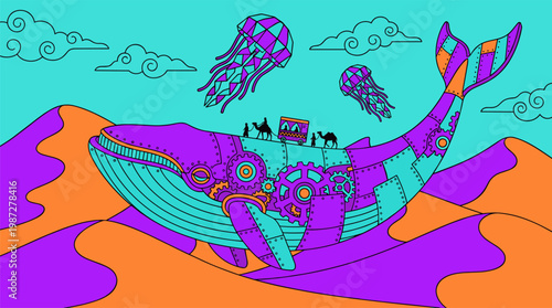 Giant Mechanical Whale Swimming Through Desert Dunes with Floating Geometric Jellyfish, Pop Surrealism Flat Illustration with Bold Outlines