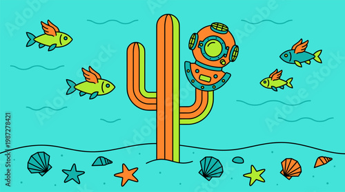 Saguaro Cactus On Seafloor With Deep Sea Diver Helmet Pop Surrealism Flat Illustration With Bold Black Outlines