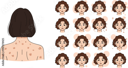 Acne Progression and Skin Condition Stages Set with Face Changes Back Pimples and Dermatology Treatment Concept Flat Vector Illustration