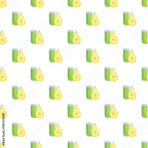 Seamless repeating pattern featuring pear juice and cut pears for healthy lifestyle or beverage themes