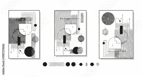 Abstract black and white geometric composition with shapes and lines