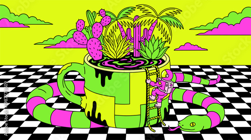 Cosmic Coffee Mug Jungle Oasis Pop Surrealism Flat Illustration with Bold Outlines and Space Explorer