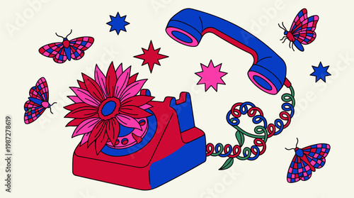 Retro Telephone Sunflower Rotary Dial Pop Surrealism Flat Illustration With Bold Outlines And Vibrant Colors