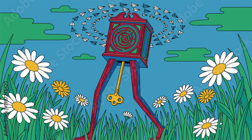 Walking Grandfather Clock In Daisy Garden Pop Surrealism Flat Illustration with Bold Outlines