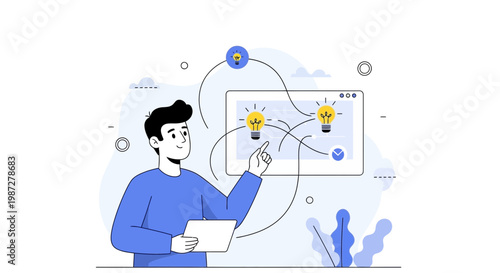 Man with Tablet Brainstorming Ideas with Lightbulbs on Screen