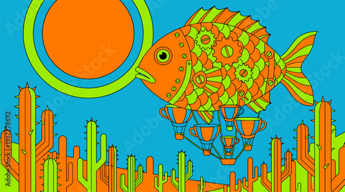 Mechanical Fish Airship Over Geometric Cactus Desert Pop Surrealism Flat Illustration with Bold Outlines