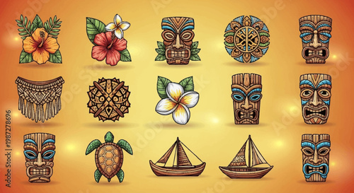 Tropical icons including flowers, tiki mask, turtle and ornaments