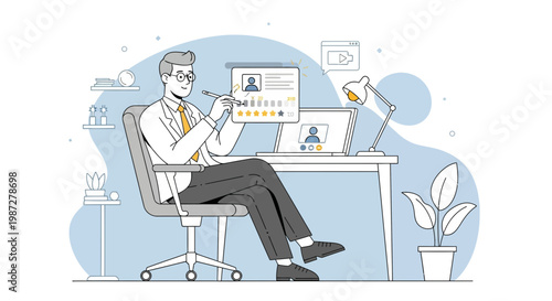 Man working at desk, reviewing online profile with star ratings and feedback