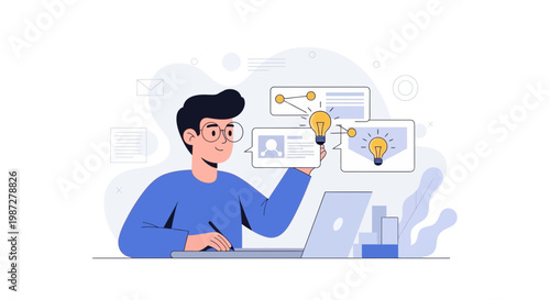 Man working on laptop, generating ideas with lightbulbs and network diagrams