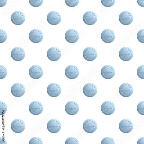 Blue token coins forming a symmetrical, repeating pattern on a white background