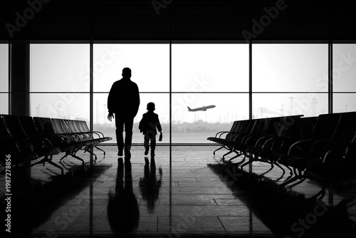 Two figures walk through an airport terminal towards a plane