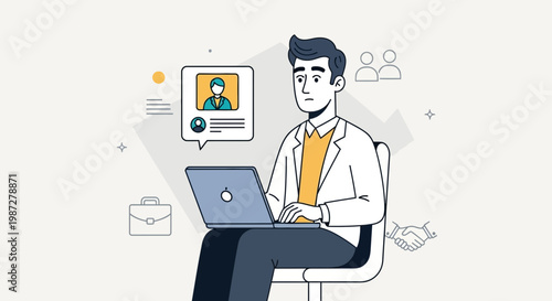 Man working on laptop, reviewing candidate profile, recruitment concept