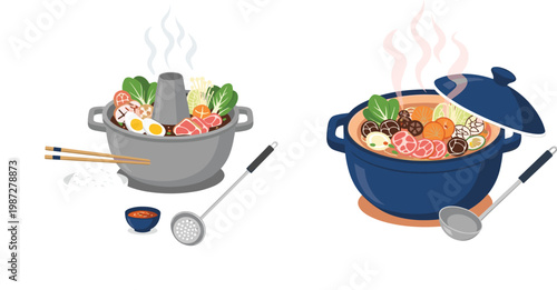 Asian Hot Pot Cooking Collection with Ingredients Meat Vegetables Mushrooms and Soup in Traditional Pots Flat Vector Illustration Set