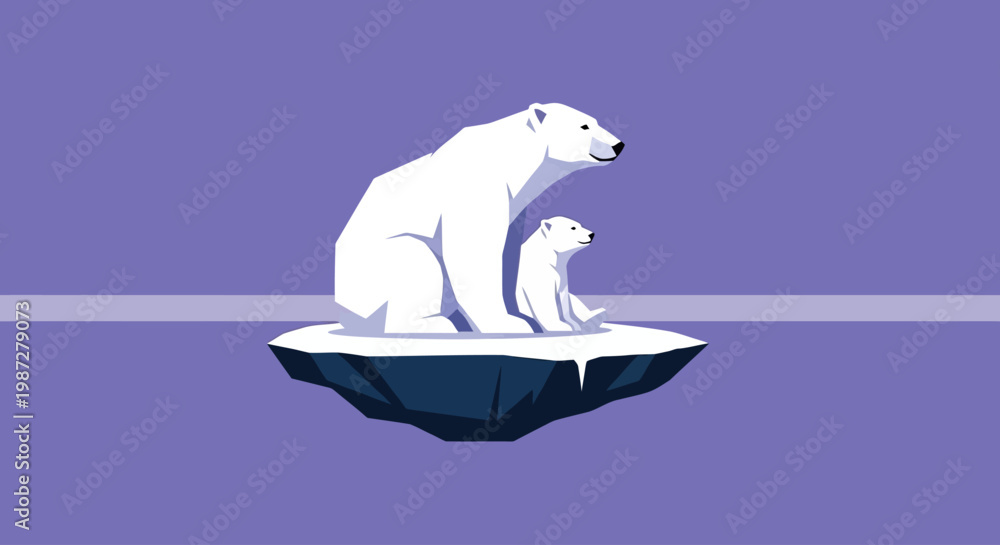 Fototapeta premium A mother polar bear and her cub stranded on a shrinking iceberg, symbolizing the urgent global warming crisis and the vulnerability of arctic wildlife