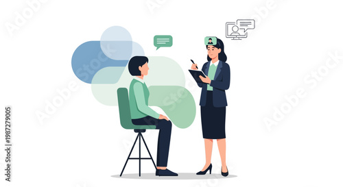 Online job interview: candidate sitting, interviewer standing with laptop and notes