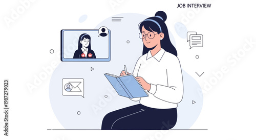 Online Job Interview: Woman taking notes during video call with recruiter