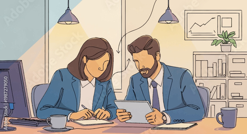 Woman working at desk with computer and coffee